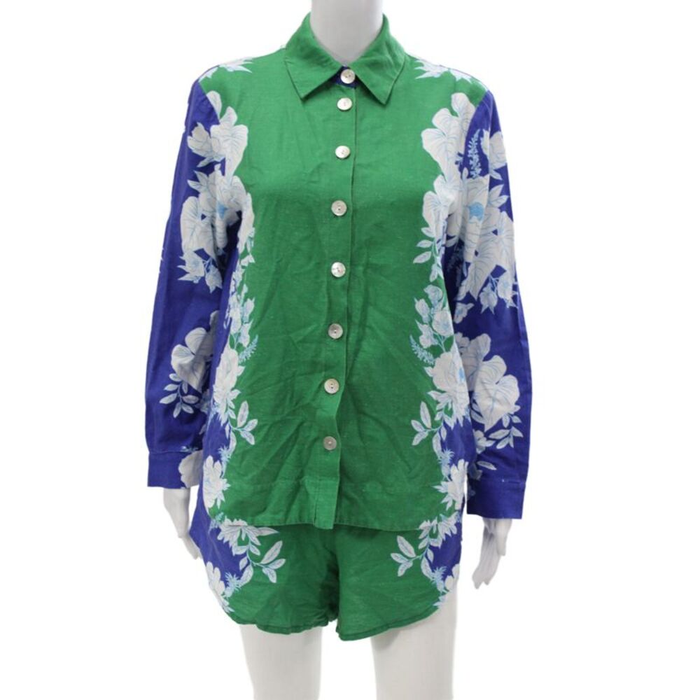 Farm Rio Womens Linen Floral Print Blouse Shorts Set Green Blue Size Extra Small